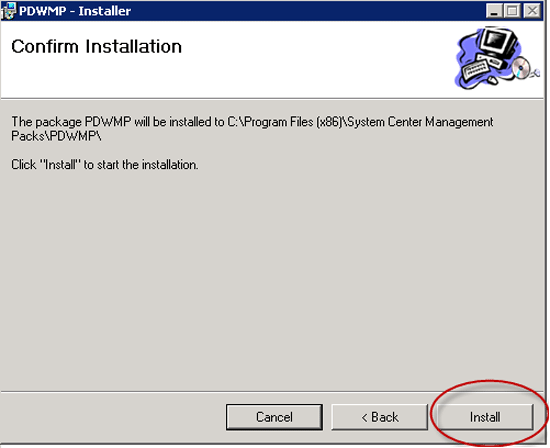 Captura de tela do assistente do PDWMP Installer na etapa Confirmar Instalação com a opção Instalar circulada em vermelho.