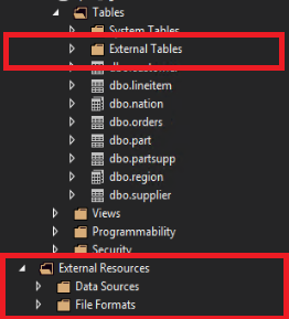 A screenshot of PolyBase objects in the object explorer of SSDT.