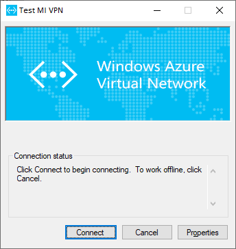 Captura de tela da VPN de teste de MI conectando-se à Rede Virtual do Azure.