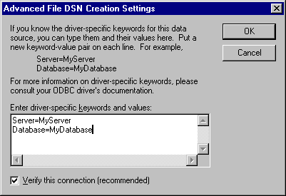 Configurações de Criação de DSN de Arquivo Avançado