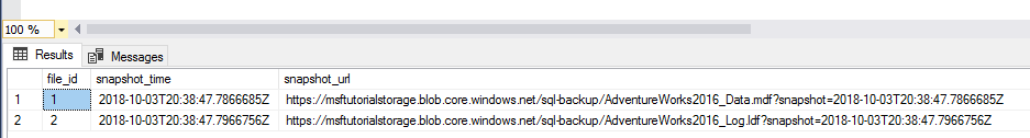 Uma captura de tela do SSMS dos resultados de fn_db_backup_file_snapshots mostrando instantâneos.