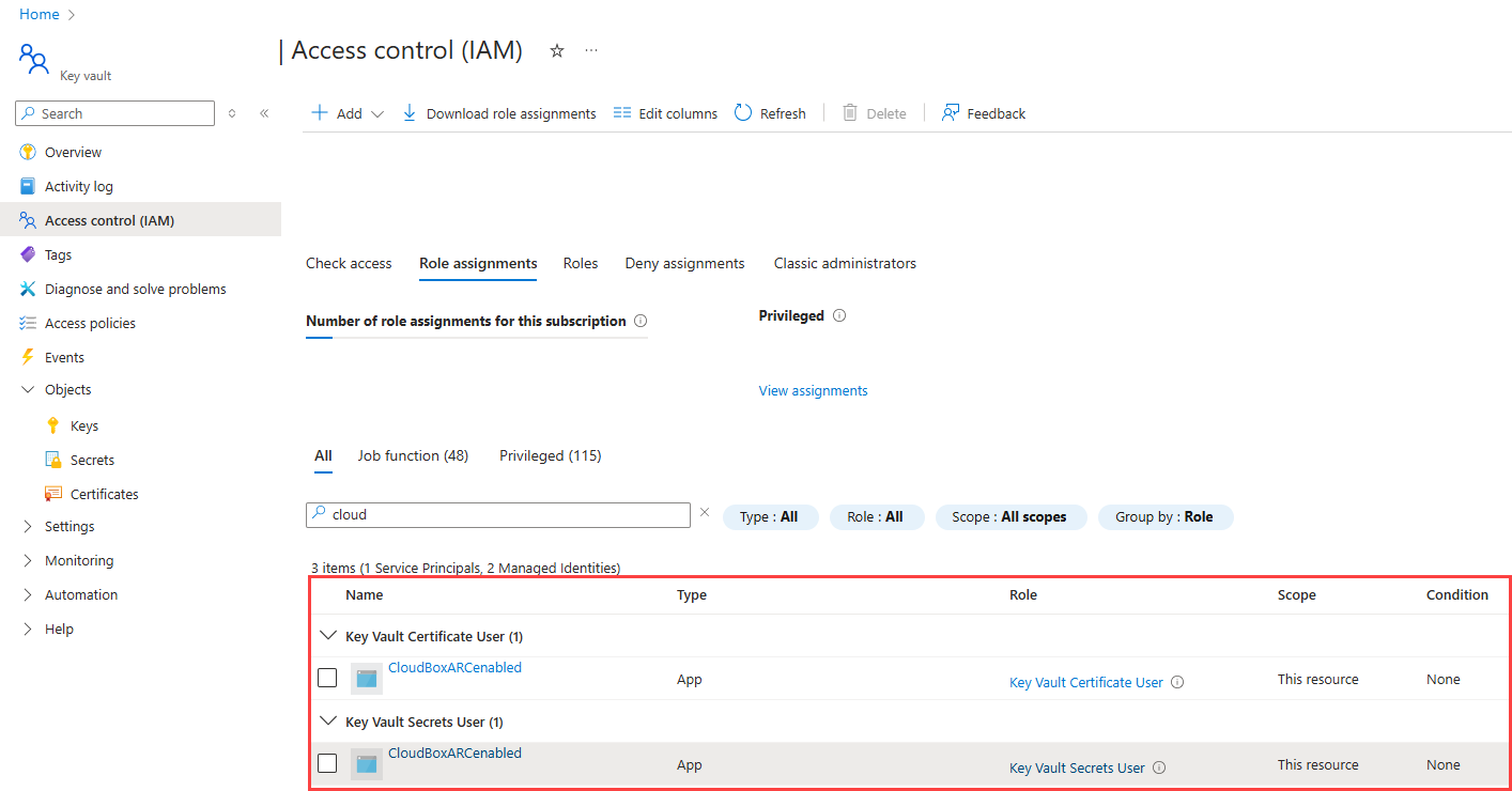 Captura de tela das adições de função de IAM do Azure Key Vault.