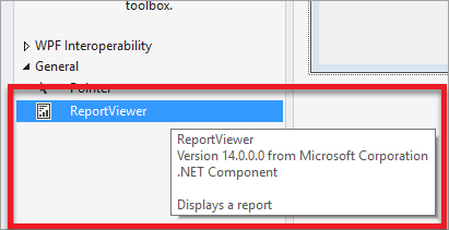 Captura de tela do novo controle ReportViewer na caixa de ferramentas do Visual Studio.