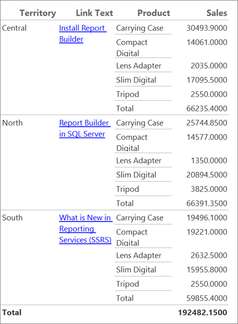 Captura de tela que mostra texto com hiperlink no relatório do construtor de relatórios.