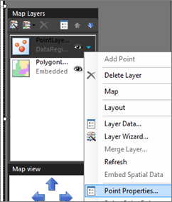 Captura de tela do painel Camadas do Mapa que mostra a opção Propriedades do Ponto.