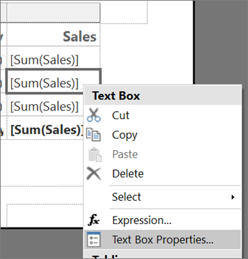 Captura de tela da opção Propriedades da Caixa de Texto do construtor de relatórios.