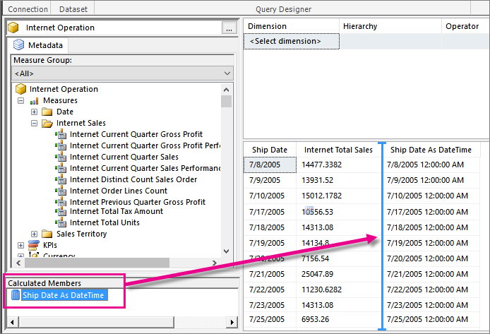 Captura de tela do Designer de Consultas com a seção de Membros Calculados em destaque.