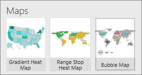 Captura de tela dos três mapas diferentes oferecidos pelos relatórios móveis do SQL Server.