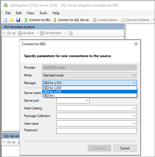 Captura de tela do painel Conectar ao DB2.