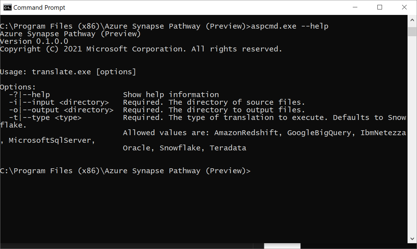 Comandos de ajuda da linha de comando da avaliação do Azure Synapse.