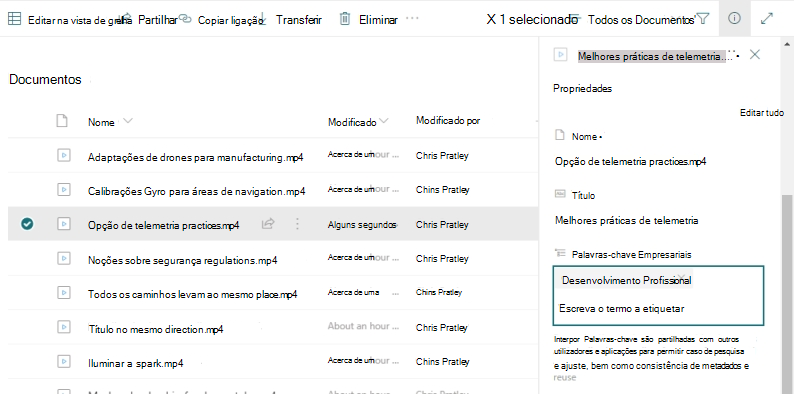 Lista de arquivos em uma biblioteca de documentos, com o painel de detalhes aberto para um dos arquivos e o campo Palavras-Chave da Empresa preenchido com um palavra-chave de 