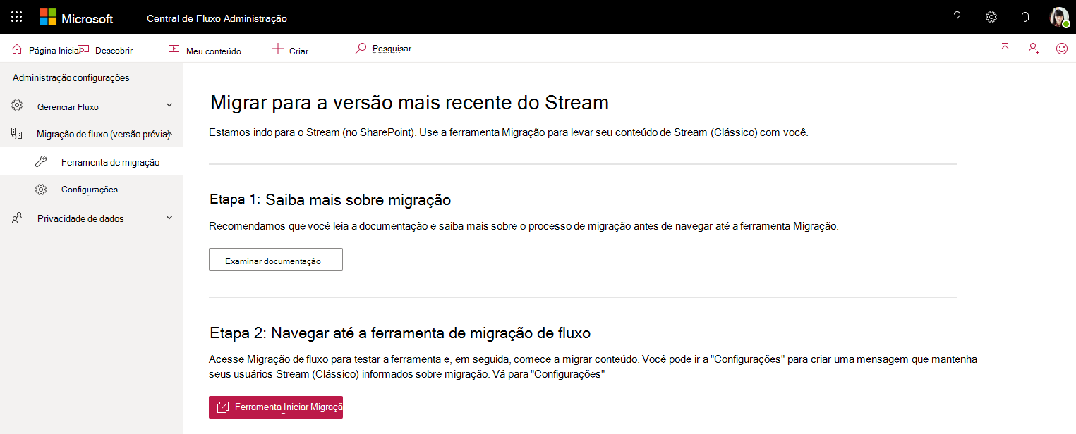 Centro de administração de Stream de ferramentas de migração