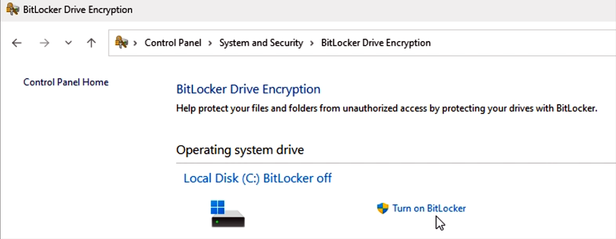 [Captura de ecrã a mostrar como ativar o BitLocker através de Painel de Controle.