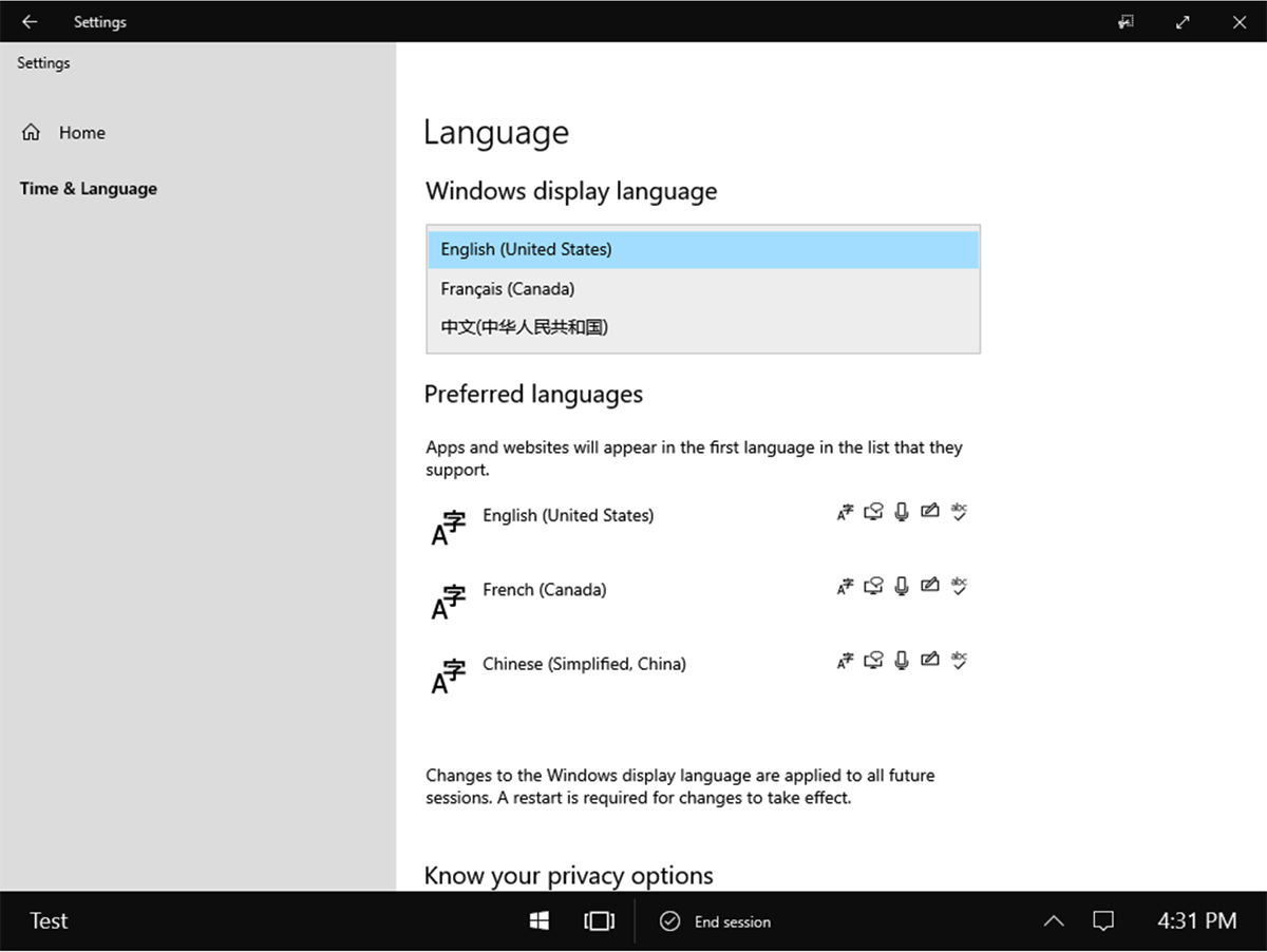 Captura de tela que mostra as configurações de linguagem do Windows Display no Surface Hub.