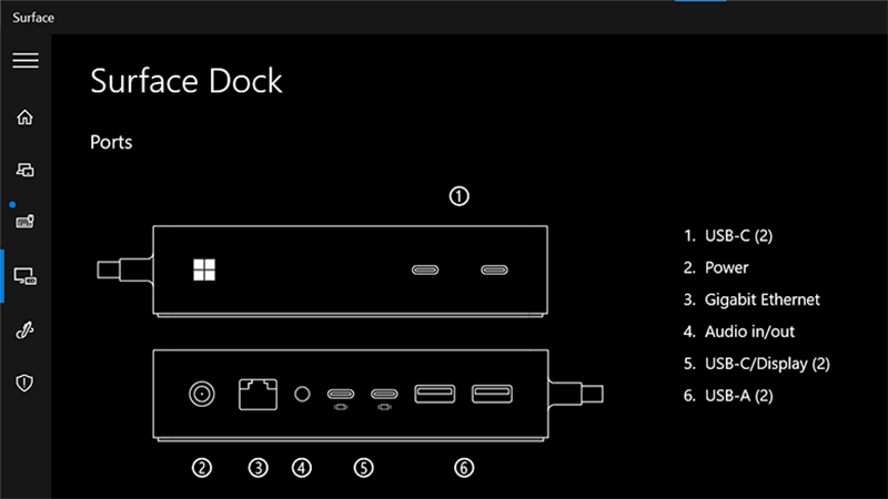 Captura de ecrã que mostra a aplicação surface a mostrar que todas as portas estão disponíveis para utilizadores autenticados na Estação de Ancoragem Para Surface Thunderbolt 4.