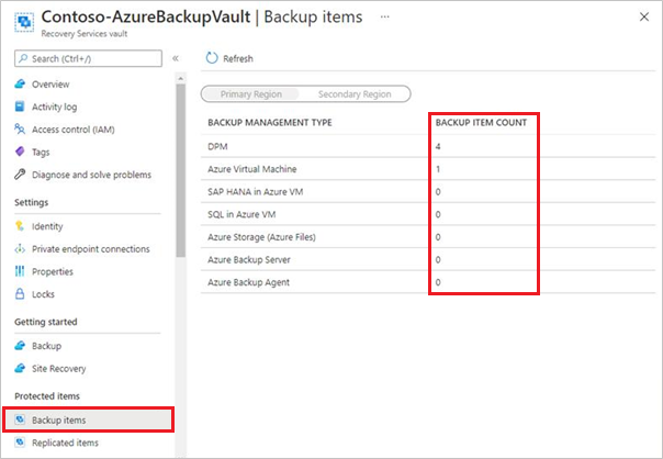 Captura de tela dos itens de backup do cofre de recuperação.