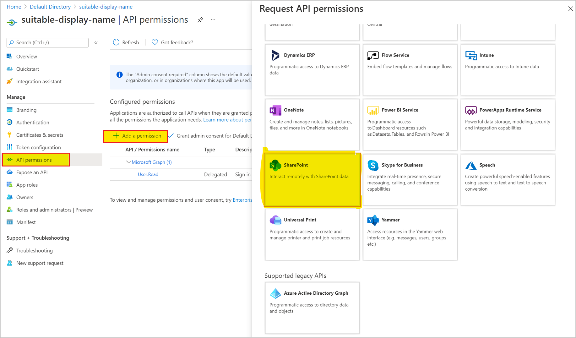 Captura de tela da API do SharePoint.