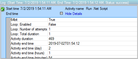 Captura de tela da Atividade de Script do .NET de Exibição.