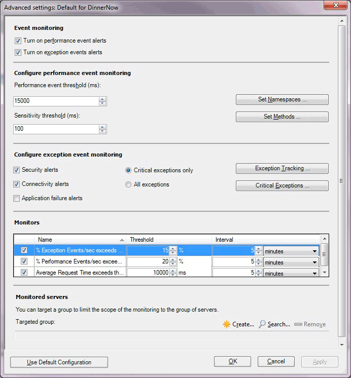 Captura de tela das configurações avançadas para monitoramento do lado do servidor.