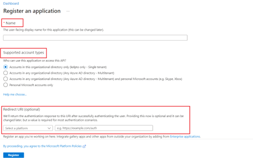 Captura de tela da página Registrar um aplicativo.