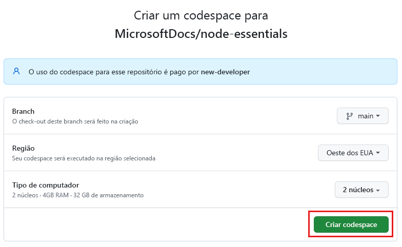 Captura de tela da tela de confirmação antes de criar um novo codespace.