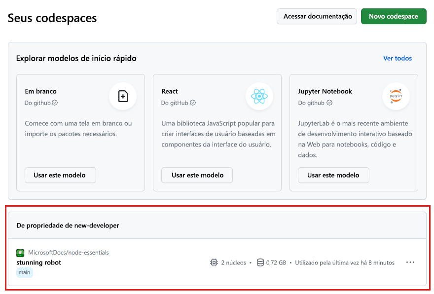 Captura de tela de todos os codespaces em execução, incluindo os respectivos status e modelos.