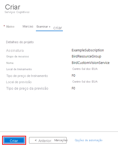 Captura de tela realçando os elementos que devem ser selecionados no portal do Azure para criar um recurso de Visão Personalizada.