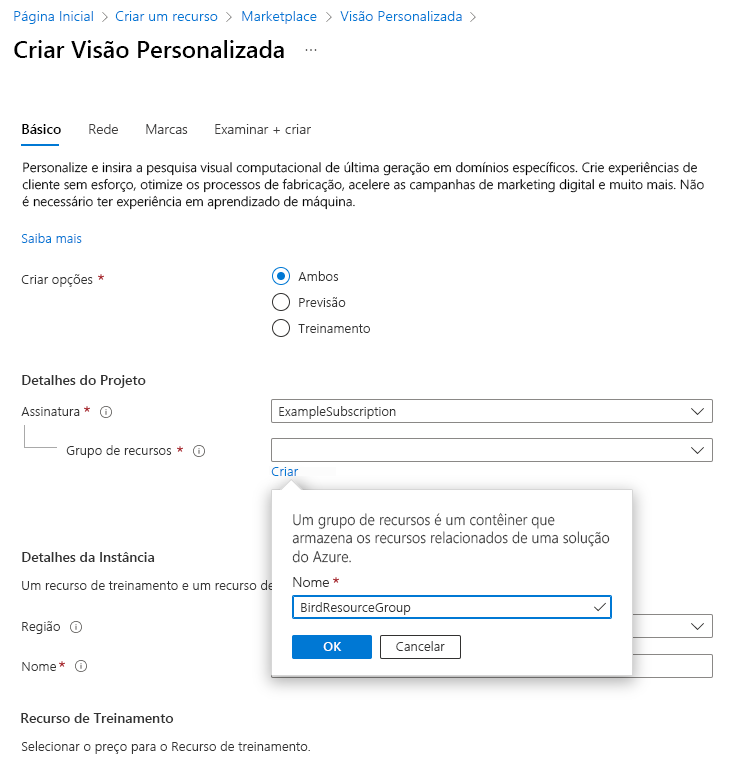 Captura de tela mostrando como criar um grupo de recursos no portal do Azure.