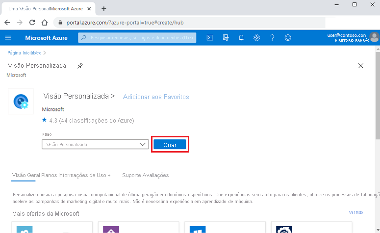 Captura de tela mostrando a pesquisa de modelos de recursos de Visão Personalizada no portal do Azure.