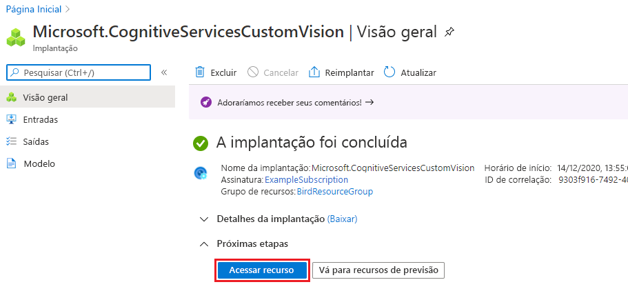 Captura de tela mostrando a página de implantação concluída no portal do Azure com o botão Acessar recurso realçado.