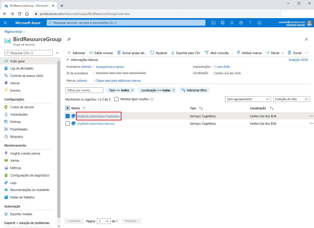 Captura de tela mostrando como abrir o recurso de previsão no portal do Azure.