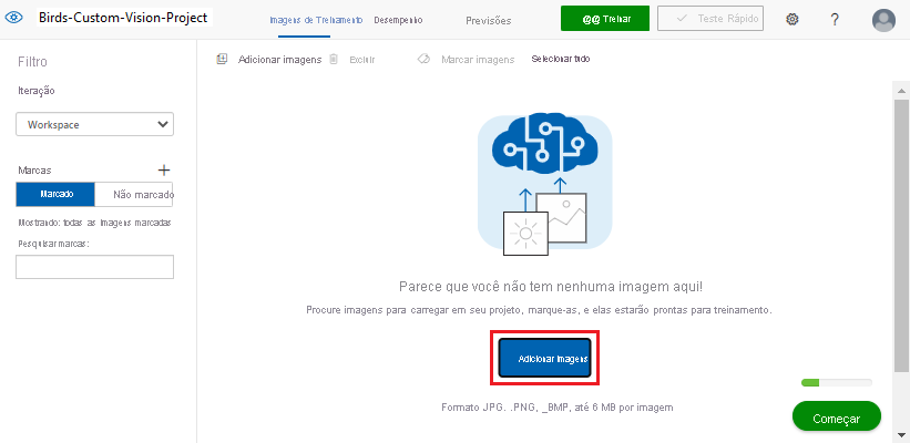 Captura de tela realçando o botão Adicionar imagens em um projeto da Visão Personalizada.