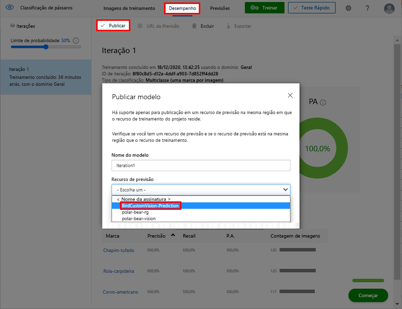 Captura de tela mostrando como publicar um modelo de Visão Personalizada treinado.