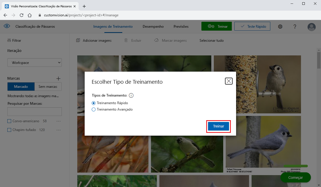 Captura de tela mostrando como criar uma iteração de treinamento rápido no portal da Visão Personalizada.