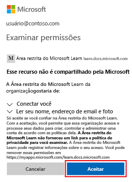 Captura de tela mostrando a área restrita com detalhes de permissões e o botão Aceitar realçado.