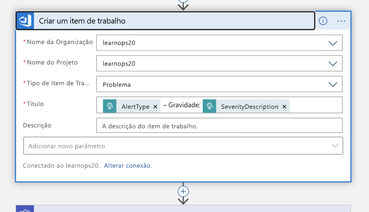 Screenshot of the Create a work item block in Logic App Designer view of the Logic App.