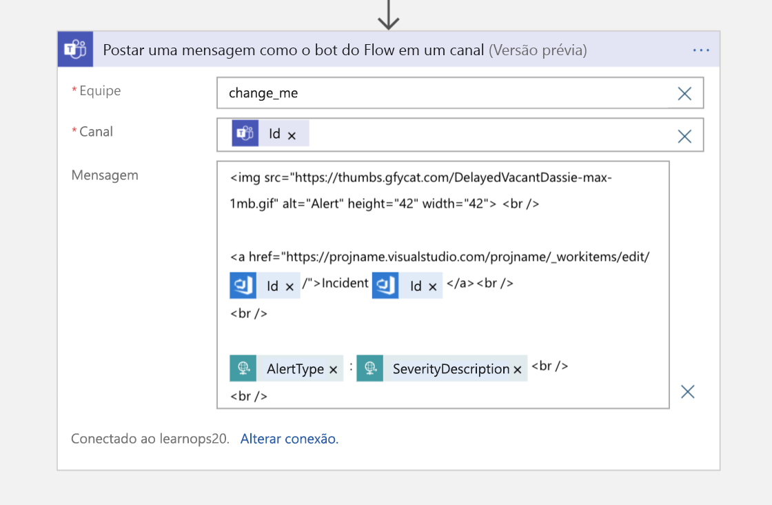 Screenshot of the Post a message as the Flow bot channel block in Logic App Designer view of the Logic App.