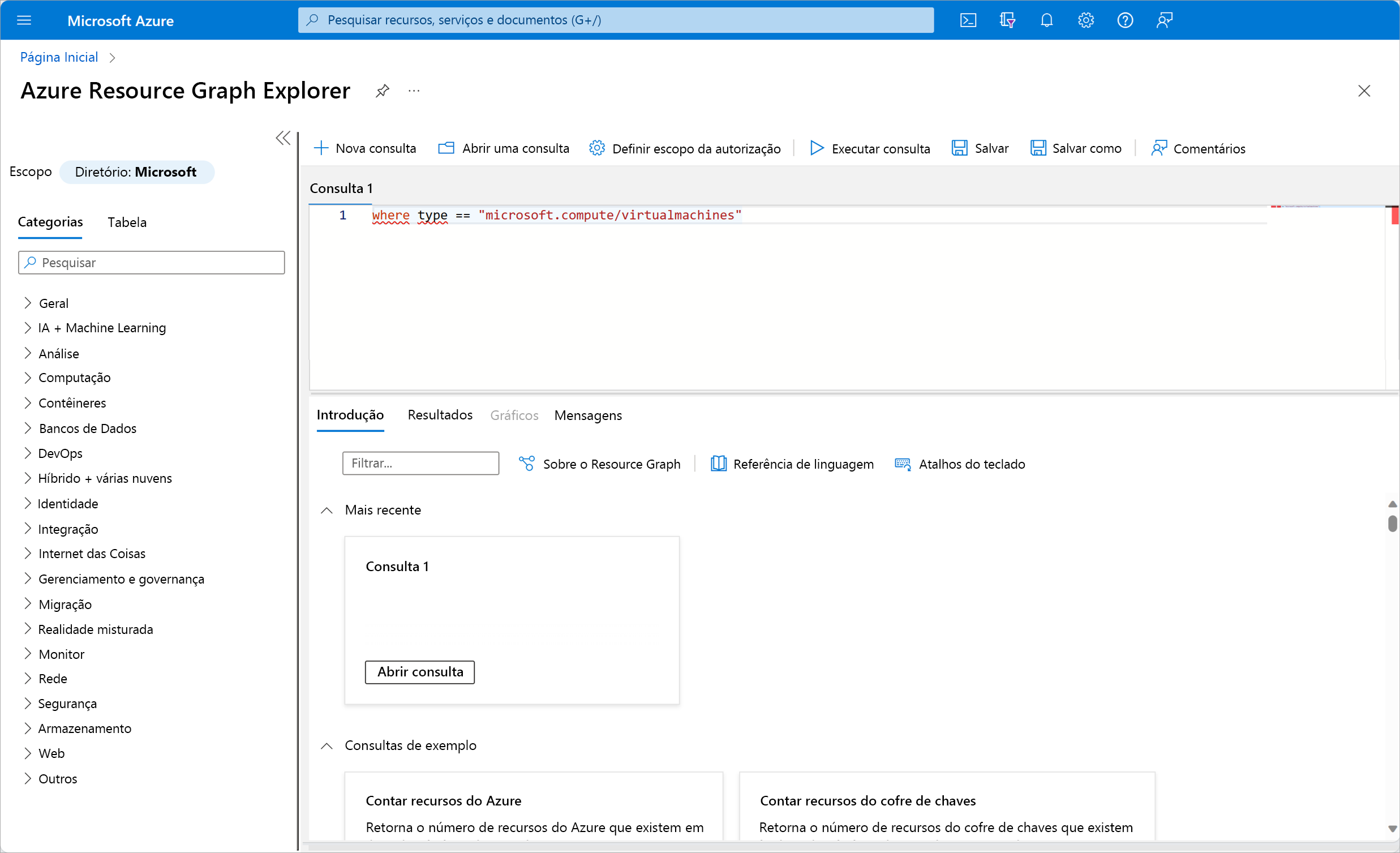 Resource graph panel in Azure portal with the query of where type == microsoft.compute/virtualmachines