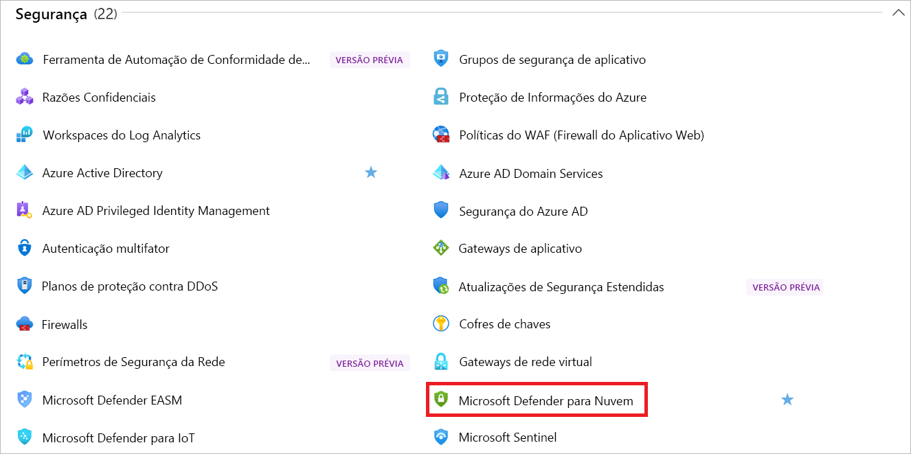 Captura de tela que mostra o painel Todos os serviços com o Defender para Nuvem realçado.