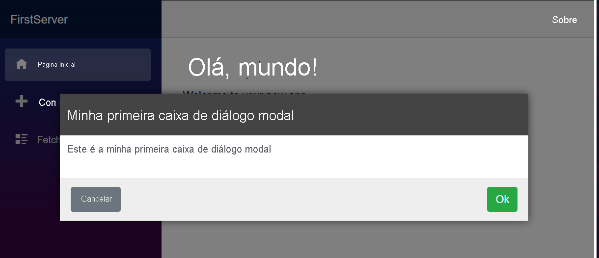 Captura de tela do diálogo modal a ser criada no aplicativo Blazor modelo padrão.