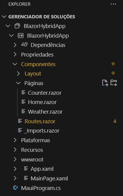 Captura de tela do Gerenciador de Soluções do Visual Studio Code com uma lista dos arquivos em um projeto padrão do Blazor do .NET MAUI.