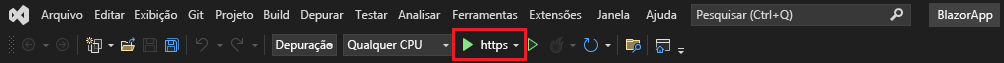 Captura de tela da Barra de Ferramentas de Depuração no Visual Studio com o botão Iniciar Depuração realçado.