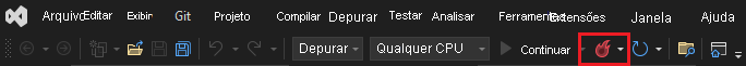 Captura de tela da Barra de Ferramentas de Depuração no Visual Studio com o botão Recarga Dinâmica realçado.