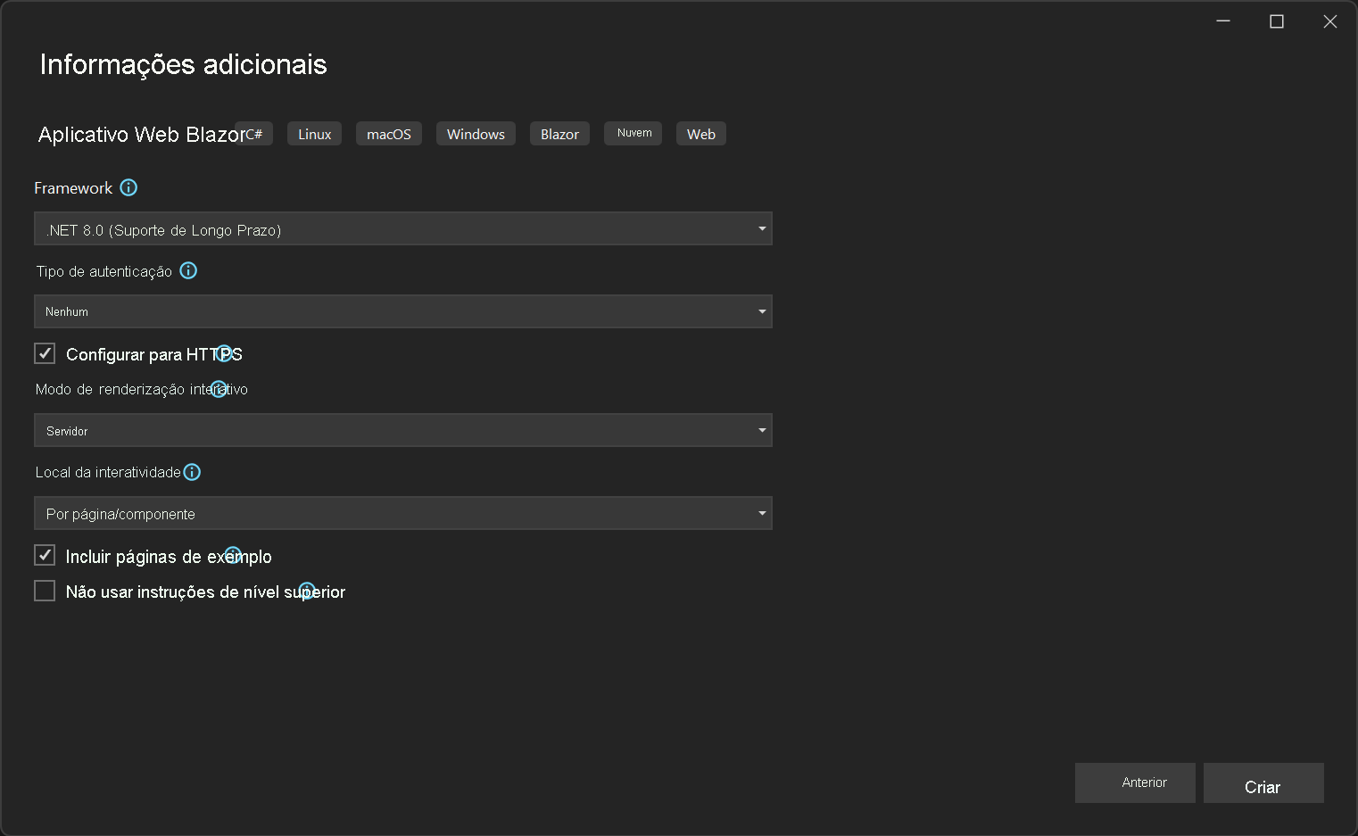 Captura de tela da tela de informações adicionais do Visual Studio 2022 para o projeto Blazor.