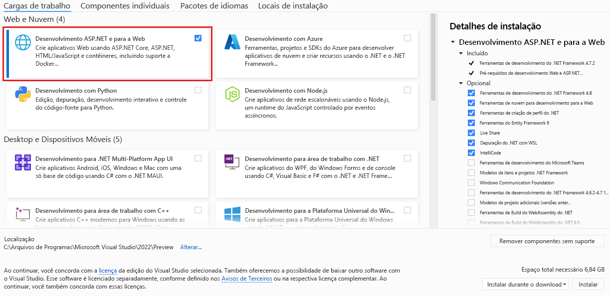 Carga de trabalho de desenvolvimento ASP.NET e para a Web no instalador do Visual Studio.