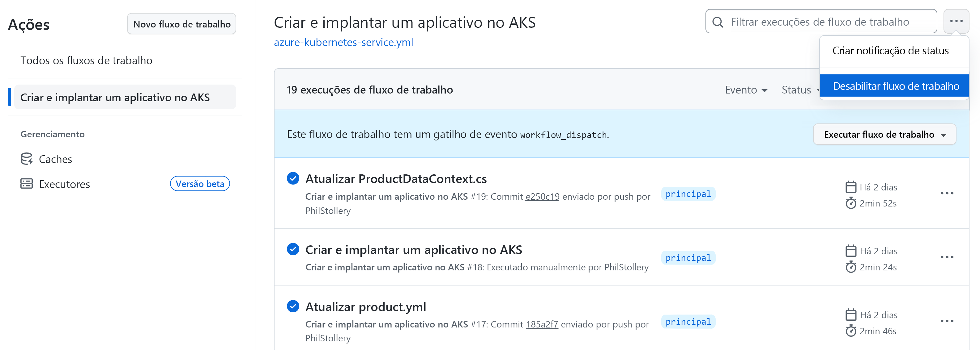 A screenshot showing the Disabled workflow menu option for a GitHub Action workflow.