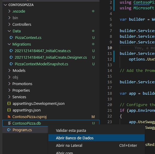 Captura de tela mostrando a opção de menu Abrir Banco de Dados no painel Explorador do Visual Studio Code.