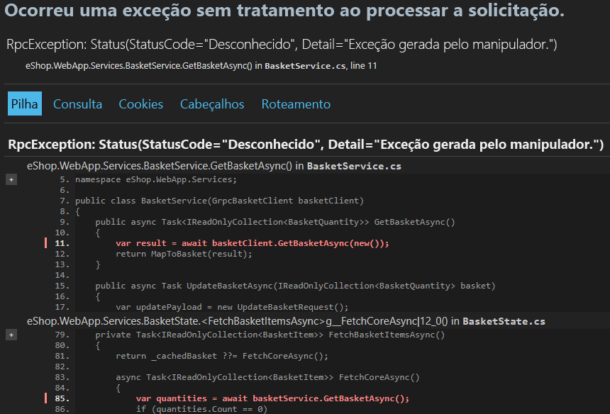 Uma captura de tela mostrando o RpcException.