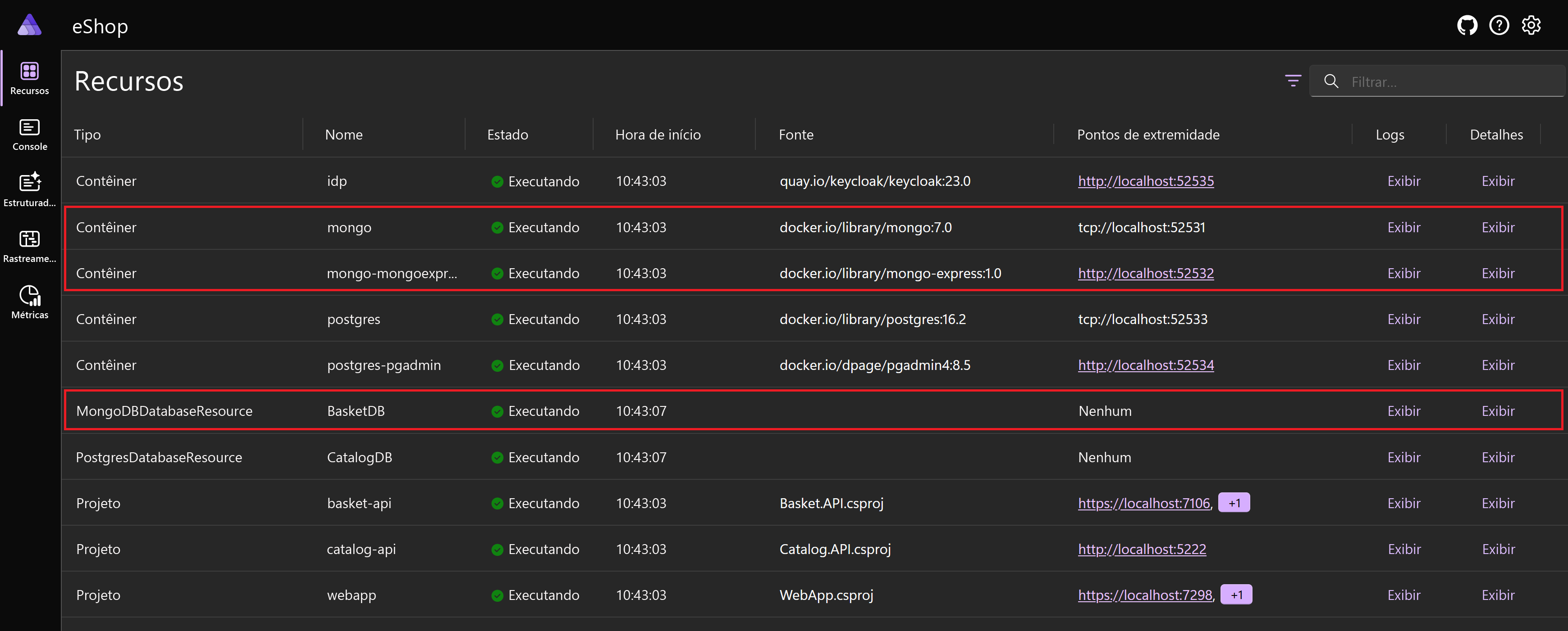 Uma captura de tela do dashboard do .NET Aspire, com os contêineres do MongoDB realçados.