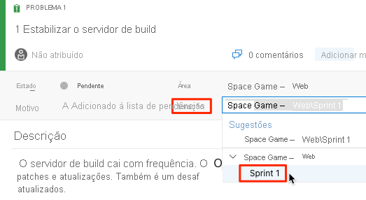 Captura de tela do Azure Boards mostrando a localização da iteração do Sprint 1.